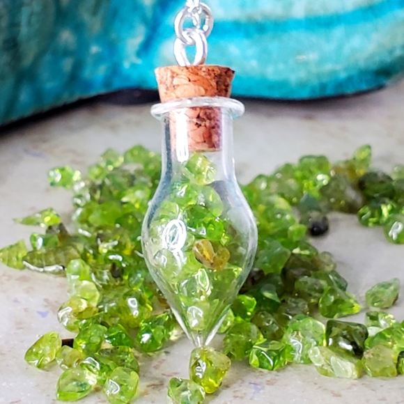 Magen's Fairytale Creations Jewelry - Genuine Peridot Stone Teardrop Pixie Bottle Necklace